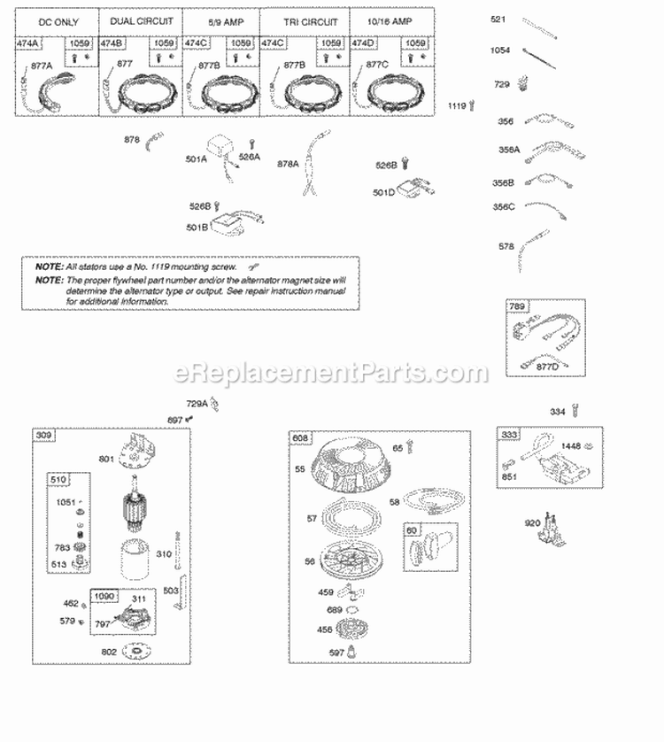 Alternator Electric Starter Ignition Rewind Starter Diagram and Parts List for  Briggs and Stratton Engine